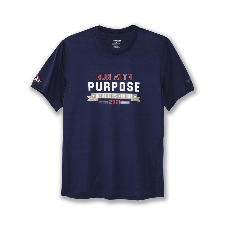 Brooks Distance Graphic Men's Short Sleeve Running Shirt - Navy/Purpose (47365-GXWZ)